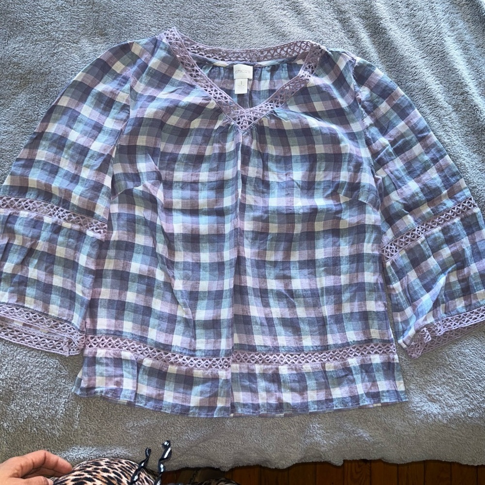 Chico's Linen  Purple and Blue Plaid Blouse